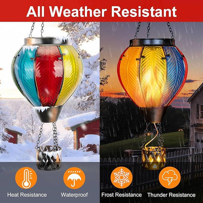 Larekook Solar Hot Air Balloon Lantern with Flickering Flame Light,Glass Hanging Garden Decor Hot Air Balloon Solar Lantern Outdoor Waterproof for Yard Patio Porch Lawn(Rainbow)