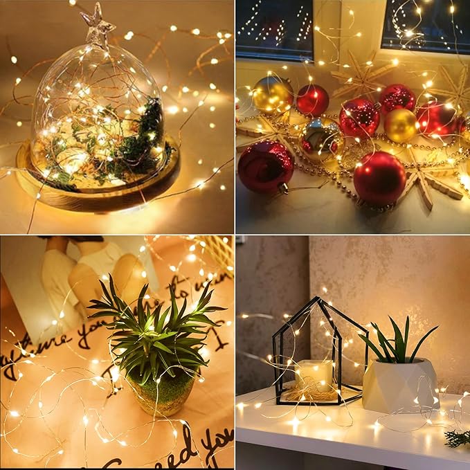 4 Pack Battery Operated Fairy Lights 16.4 Ft 50 LED Christmas Fairy Lights with Auto Timer 8 Modes, Waterproof Silver Wire Battery Twinkle Lights for Wedding Christmas Decor (Warm White)