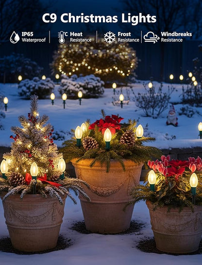 38FT LED Outdoor Christmas Pathway Lights,25 Warm White Extendable Waterproof Christmas Walkway Lights with C9 LED Bulbs and Stakes for Walkway Backyard Snowfield Xmas Decorations