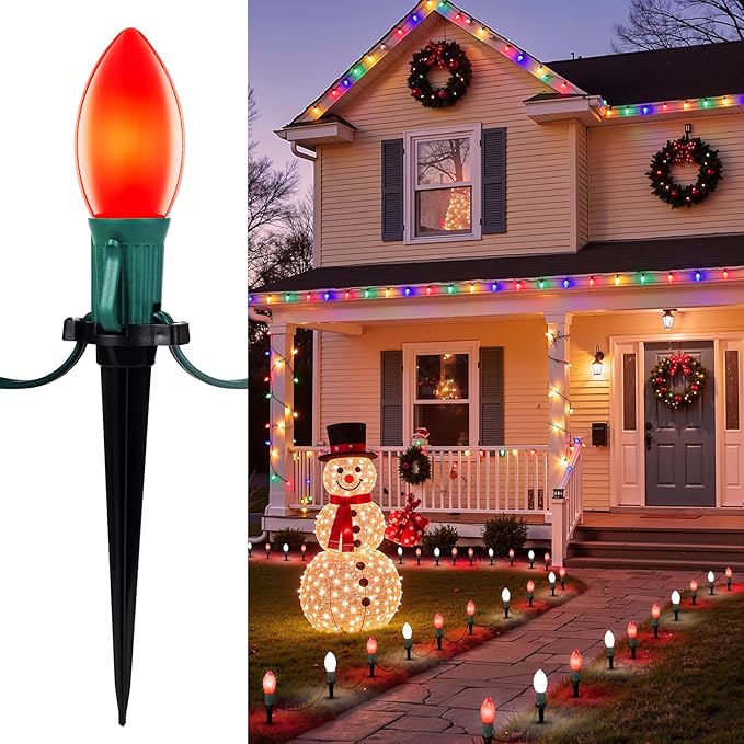 Frosted C9 Christmas Lights Outdoor, 25.7ft 20 Bulb Pathway Lights with Stakes, Red & White