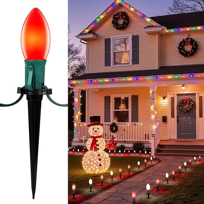 Frosted C9 Christmas Lights Outdoor, 25.7ft 20 Bulb Pathway Lights with Stakes, Red & White