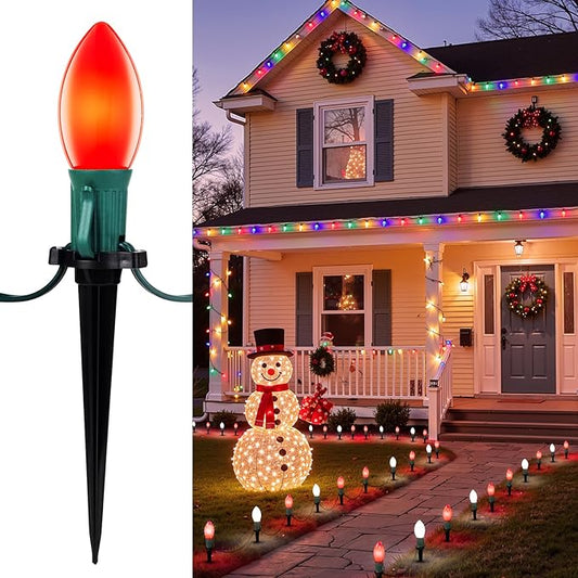 Frosted C9 Christmas Lights Outdoor, 25.7ft 20 Bulb Pathway Lights with Stakes, Red & White