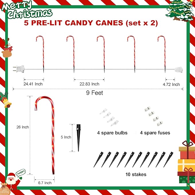 VCOKEN 30'' Christmas Candy Cane Pathway Markers Lights - Set of 10 Christmas Stakes Lights Outdoor Pathway Decorations, Connectable & Light Up Xmas Holiday Party Yard Art Indoor Outdoor Ornament