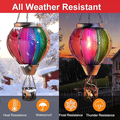 Larekook Rainbow Solar Hot Air Balloon Lantern with Flickering Flame Light,Glass Outdoor Garden Decor,Hot Air Balloon Solar Lantern Outdoor Waterproof Hanging Light for Yard Patio Porch Lawn