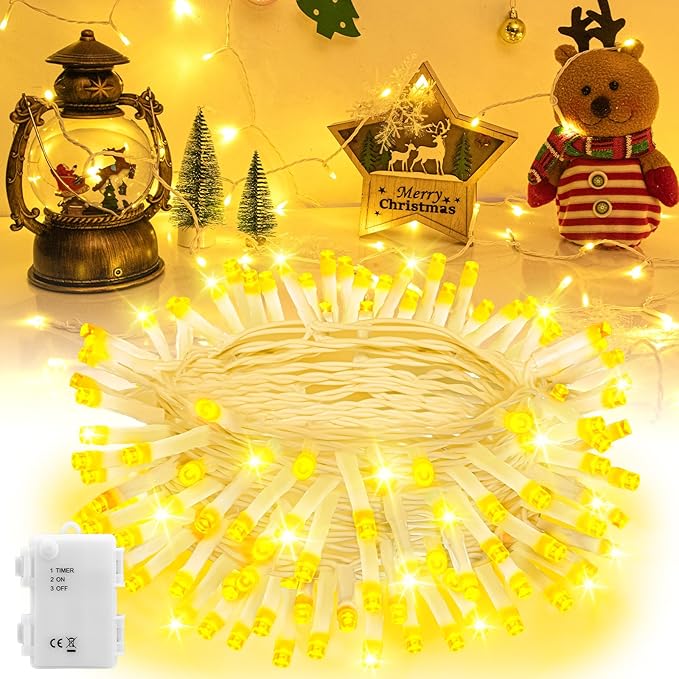 Christmas String Lights Battery Operated, LED Christmas Lights Outdoor with Tiimer White Wire Mini Lights 16.4ft 50LED for Christmas Tree Garland Wedding Party Warm White