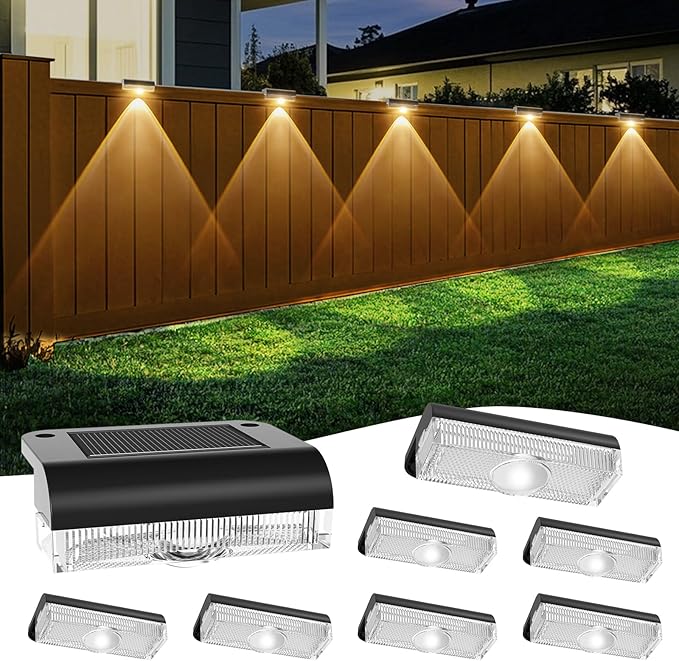Solar Fence Lights Outdoor, 8 Pack Fence Light Solar Powered Wall Lighting, Deck Lights Waterproof Led for Outside, Garden, Backyard, Patio, Pathway, Railing, Pool, Stairs, Step, Warm White