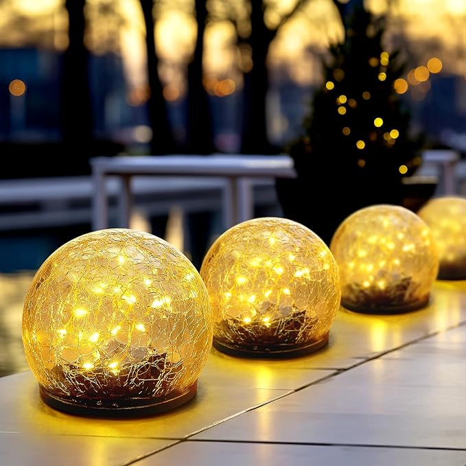 Honoson Solar Globe Lights Outdoor - Waterproof Cracked Glass Balls for Garden, Patio, Lawn & Yard, Warm White Solar LED Lights with Easy Installation & Durable Design(3.9 Inch,4 Pieces)