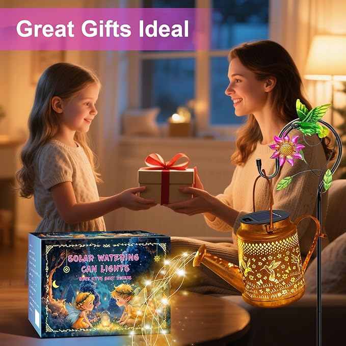 VOOKRY 2 Pack Hummingbird Metal Solar Watering Can Lights, Solar Lights Outdoor Waterproof, Birthday Gifts for Women Mom Grandma, Hanging Lanterns Decorative Garden Decor for Outside Yard Patio Lawn