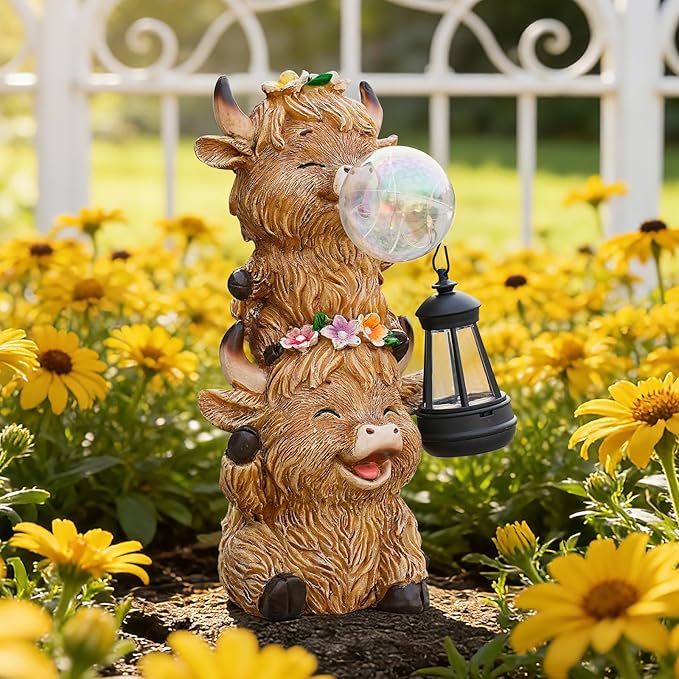 Solar Highland Cow Garden Statue with LED Lights, Cute Resin Outdoor Decor with Glowing Lantern & Light-Up Bubble, Waterproof Solar Yard Ornament for Lawn, Patio & Garden (Brown Cow)