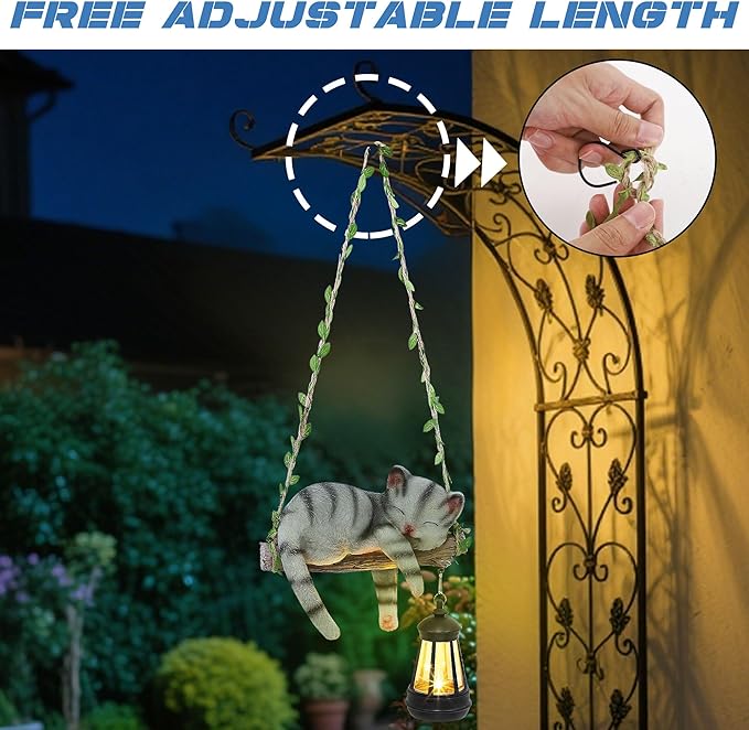 Solar Lighted Garden Outdoor Statue, 22.6" H Hanging Swing Lying with A Sleeping Cat and A LED Lantern, Resin Animal Figurine Hanging Ornaments with Hook for Decoration & Gift