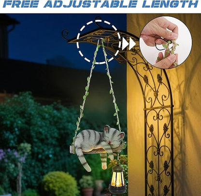 Solar Lighted Garden Outdoor Statue, 22.6" H Hanging Swing Lying with A Sleeping Cat and A LED Lantern, Resin Animal Figurine Hanging Ornaments with Hook for Decoration & Gift