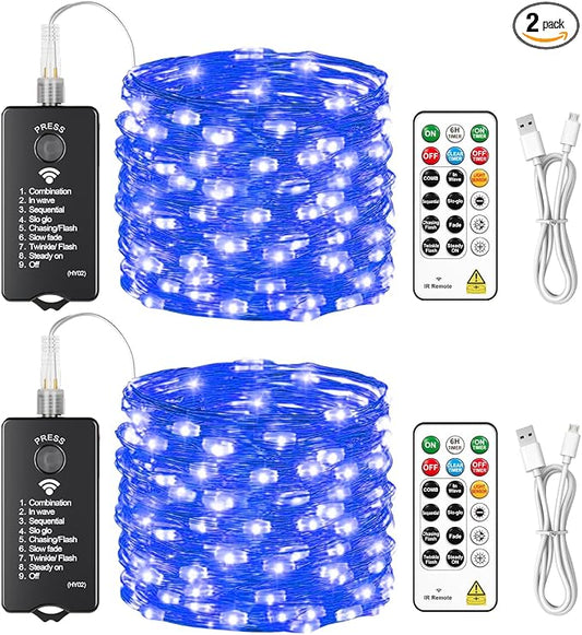 HXWEIYE Rechargeable Fairy Lights with Remote, 2 Pack 33ft 100LED Twinkle Lights with DIY Timer & Light Sensor, Waterproof Outdoor String Lights for Bedroom Patio Christmas Tree Decor, Blue