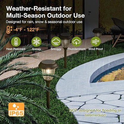 XMCOSY+ Solar Lights Outdoor 10/25 LM LED with 2 Lighting Modes, Solar Garden Lights Glass and Metal, IP65 Waterproof Solar Powered for Yard Pathway Walkway Driveway Patio (6 Pack, Warm White)