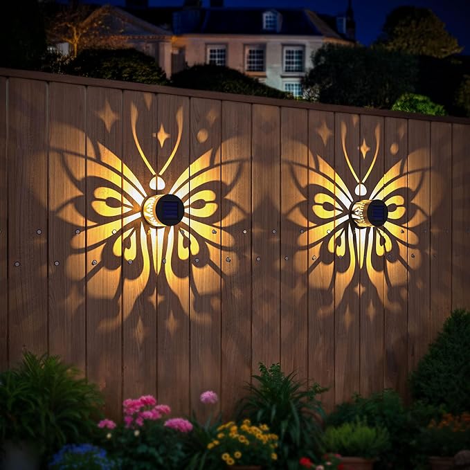 Solar Fence Lights 4 Pack Solar Deck Lamps Outdoor Decorations Powered Step Lights Wall Waterproof LED Warm Decorative Lighting for Garden (Butterfly-Star, 4)
