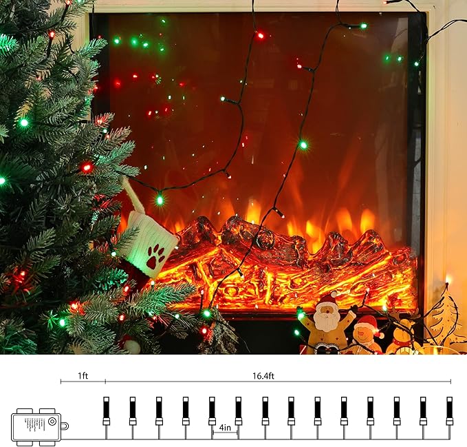 Lomotech Battery Operated Christmas Lights - 4 Pack Total 66ft 200LEDs String Lights 8 Modes Waterproof with Timer for Home, Garden, Party, Holiday, Tree Decoration (Green Wire, Red & Green）