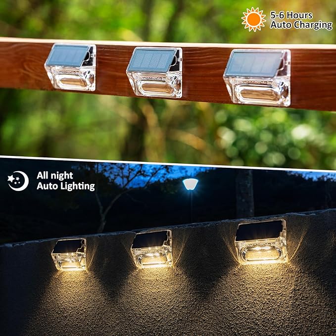Solar Outdoor Lights 8 Pack, Solar Fence Deck Lights, Waterproof Powered Outside Lighting for Step Railing Wall Pool Stair Yard Garden Patio Decorations