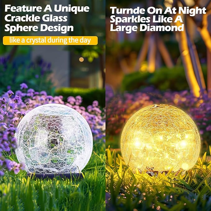 Coroor Garden Solar Ball Lights Outdoor Waterproof, 30 LED Cracked Glass Globe Solar Power Ground Lights for Path Yard Patio Lawn, Christmas Decoration Landscape Warm White(2 Pack 3.9'')