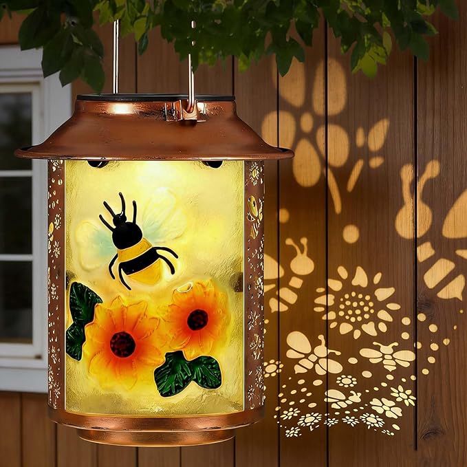 10" H Bee Solar Lanterns Outdoor, Metal Glass Hanging Solar Lanterns with Hollow Out Retro Bee Lights, Decorative for Garden Yard Patio Pathway Tabletop Gifts
