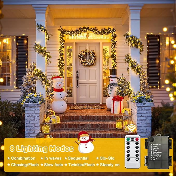 JMEXSUSS Battery Operated Christmas Lights with Remote, Each 33 FT String Lights Indoor Outdoor Waterproof, 2 Pack 100 LED Warm White Christmas Tree Light for Outside Party Garden Yard Porch Decor