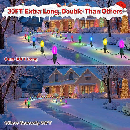30Ft C9 Led Christmas Pathway Lights Outdoor, 20 Multicolor Bulbs Waterproof Connectable Christmas Walkway Lights with Stakes for Yard Lawn Sidewalk Driveway Decorations