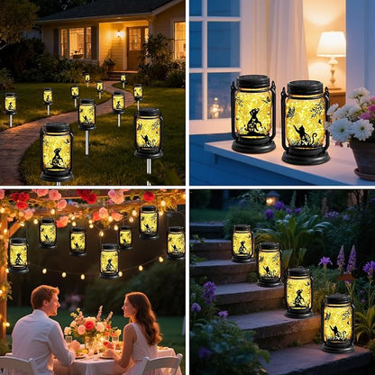 2 Pack Cat Solar Lanterns Outdoor, Cat & Dog Butterfly Vintage Glass Mason Jar, Birthday Mothers Day Gifts for Mom, Grandma, Women, Waterproof Garden Lights for Patio Yard Lawn Tree Decor