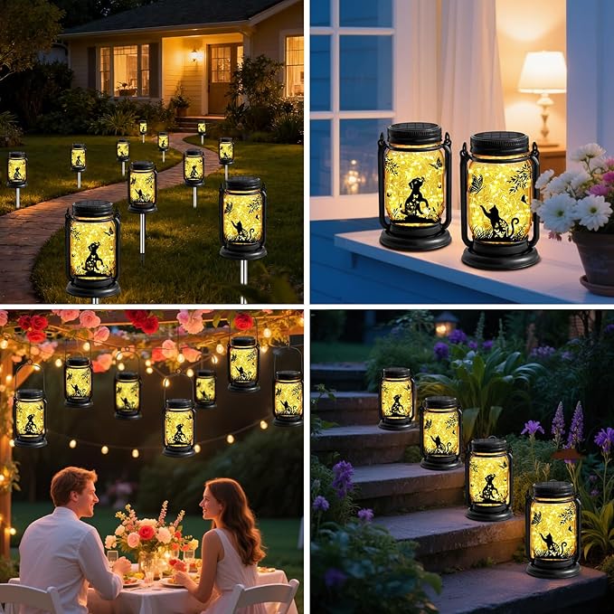 Cat Lover Gifts for Mom, Grandma,Women Mothers Day Birthday, Cat Solar Lanterns Butterfly Vintage Glass Hanging Mason Jar, Waterproof Fairy Garden Lights for Patio Yard Lawn Tree Decor