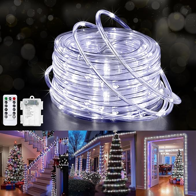 Jnaurb Battery Operated Rope Lights for Outside, 33FT 100LED 8 Modes Battery Operated String Lights, Waterproof Christmas Fairy Light with Remote for Outdoor Indoor Patio Xmas Party Decoration - White