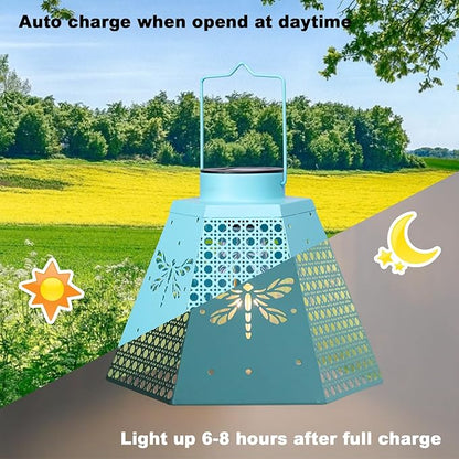 Outdoor Solar Lanterns Waterproof Hanging Solar Metal Lantern 9.5" Dragonfly LED Lantern Yard Art Decor for Yard, Patio, Hallway, Birthday Mothers' Day Gifts (2Pack, Blue)