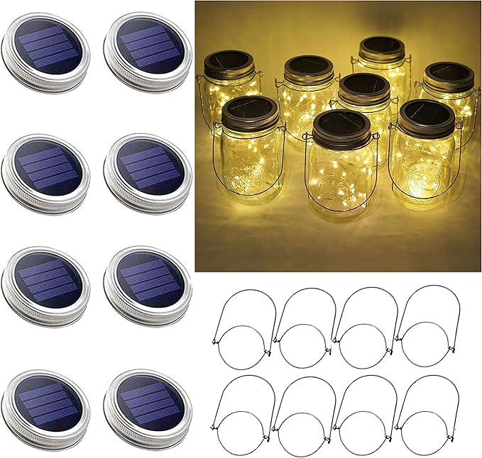 30LED Solar Mason Jar Lights, 8 Pack Jar Lid String Lights (No Jars), Waterproof Fairy Firefly Light for Garden, Patio, Outdoor, Yard, Lawn Decor(Warm White)