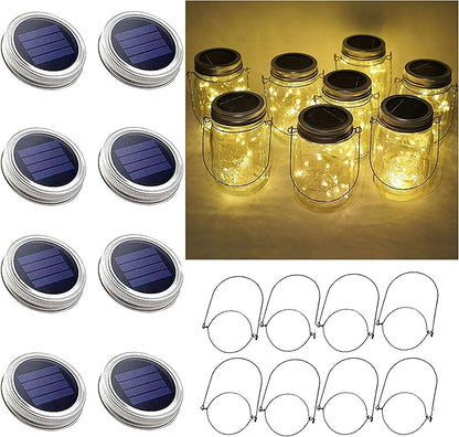 Solar Mason Jar Lid Lights, 8 Pack 20 LED Waterproof Fairy Star Firefly String Lights with (8 Hangers Included,Jars Not Included), for Mason Jar Table Garden Wedding Party Decor (Warm White)