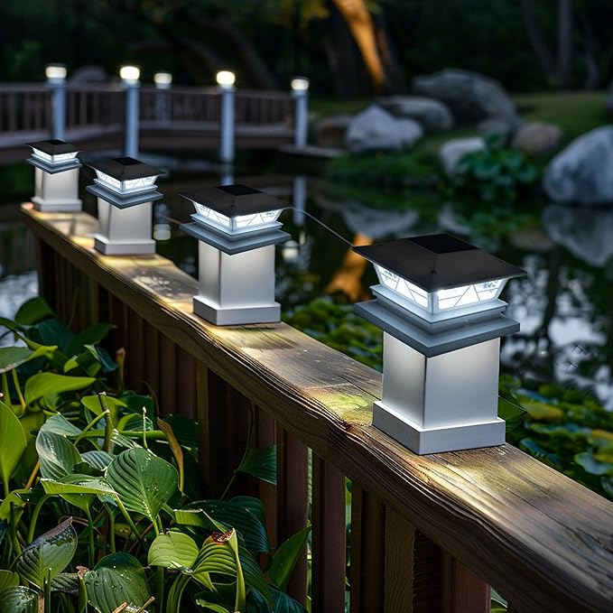 TW SHINE 4 Pack Solar Outdoor Fence Post Lights, 2 Modes Post Cap Lights Waterproof Warm White/Cool White for Yard, Garden, Porch, Patio Decor, for 4x4 5x5 6x6 Wood Posts, White