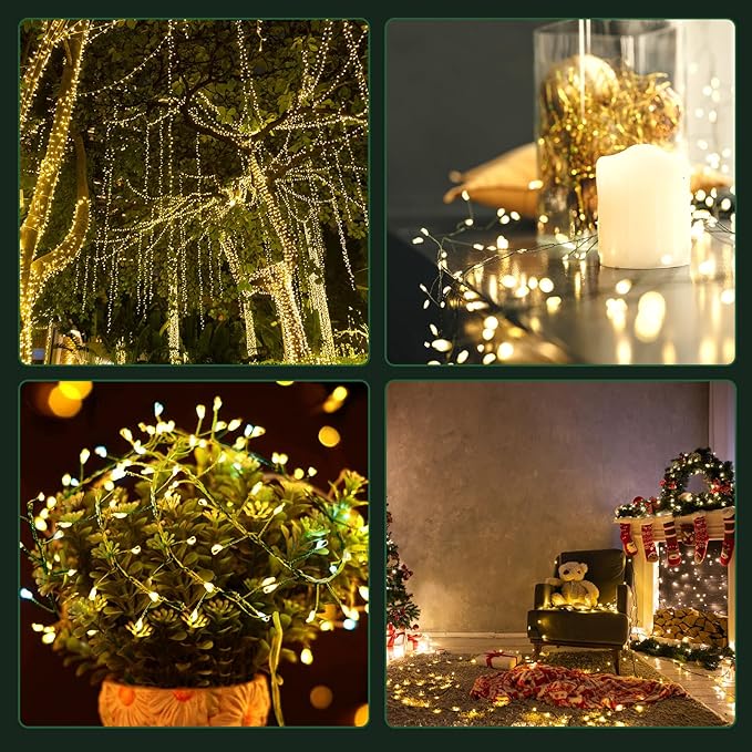 Outdoor Fairy Lights Battery Operated,20Ft 200LED Green Copper Wire Cluster Lights with Timer,Twinkle Firecracker String Lights, Mini Lights for Christmas Tree Wreath,Warm White,2 Pack