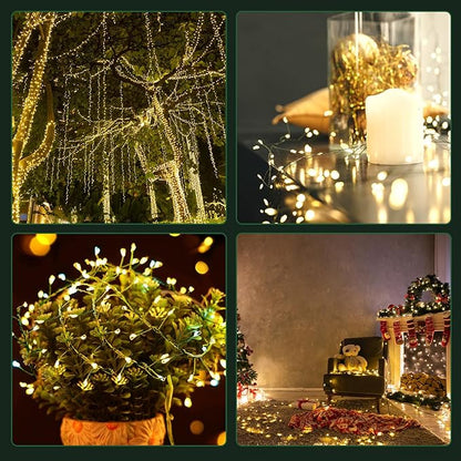 Battery Operated Christmas Cluster Lights, 20FT 200 Micro LED Fairy Lights with 8 Modes and Auto Timer, Green Copper Wire for Indoor Outdoor Christmas Tree Wreath Garland Garden Party,Warm White