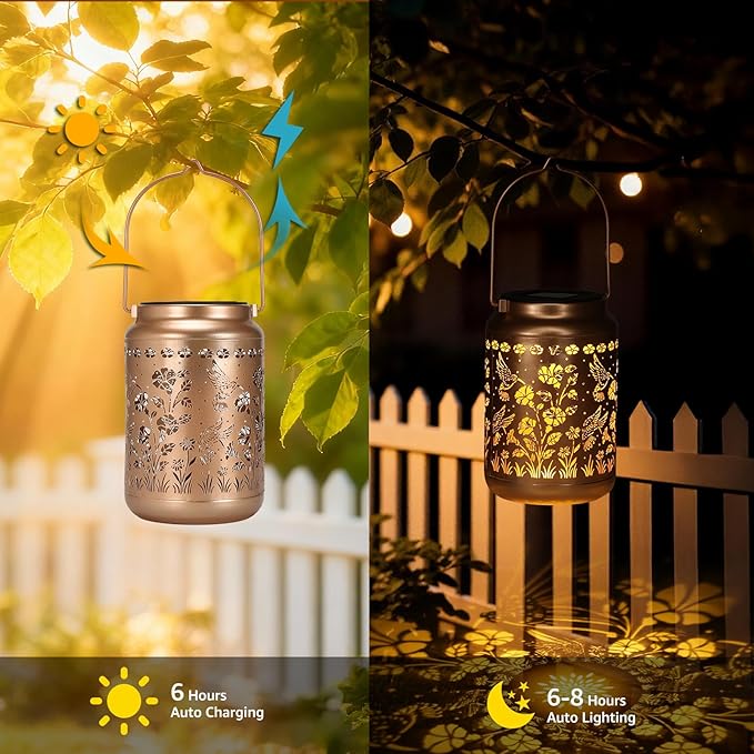 Lyeasw Garden Decor Hummingbird Solar Lanterns, 7 Inches Waterproof Hanging Lights for Outside, Metal Outdoor Decorations for Patio, Yard, Pathway, Birthday Gifts for Women(Bronze)