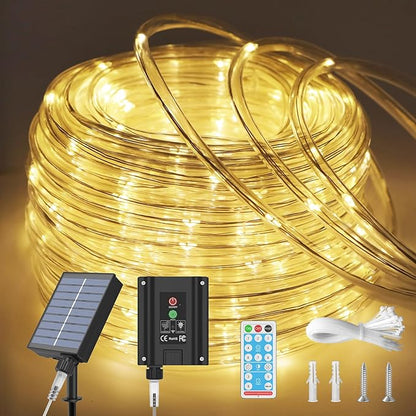 ICRGB Solar Rope Lights Outdoor, 66FT 200LED Christmas Fairy Light with Remote, IP67 Waterproof Solar String Lights, Timing & 8 Modes, Outdoor Light for Garden Patio Porch Pool, Warm White