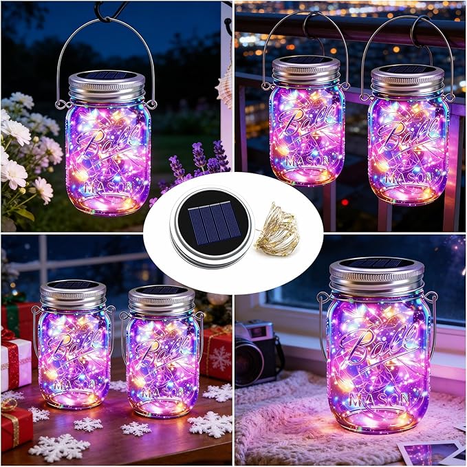 VOOKRY 6 Pack Solar Mason Jar Lights, 30 LED Mason Jar Lids Waterproof Firefly Fairy String Lights with 6 Hangers(No Jars), for Outdoor Patio Garden Yard Lawn Party Wedding Decoration - Multicolor