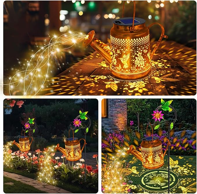 2 Pack Solar Lanterns Outdoor Waterproof,Hummingbird Watering Can Garden Decor,Hanging Solar Path Lights Yard Art,Outside Patio Decorations Gardening Christmas Gifts for Mom Grandma Women (Warm White)