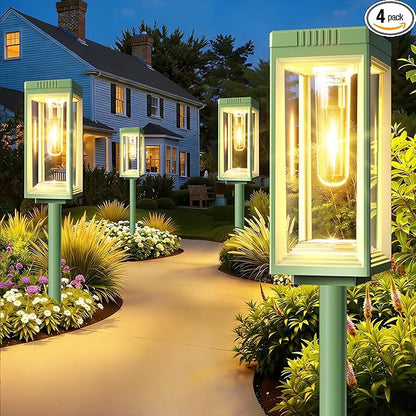 Bright Solar Pathway Lights Outdoor Waterproof, 4 Pack Upgraded Solar Lights, 15+ Hours Runtime Garden Light, Auto On/Off, Lighting for Outside Yard Walkway Driveway Landscape, Warm White-Green Shell