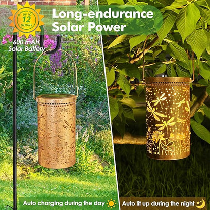 Fabuday Dragonfly Lotus Outdoor Solar Lantern Waterproof - Hanging Solar Power Lights Led for Outside, Garden Decor for Patio, Porch, Balcony, Yard and Deck, Gardening Decorations Gifts for Women Mom