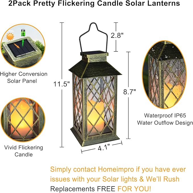 2Pack 10" Outdoor Solar Lanterns Waterproof Garden Patio Lantern Lights Flickering Candle Mission for Outside, Party, Yard, Lawn, Mothers Day Gifts Garden Gifts for Mom Women (Antique Green Bronze)