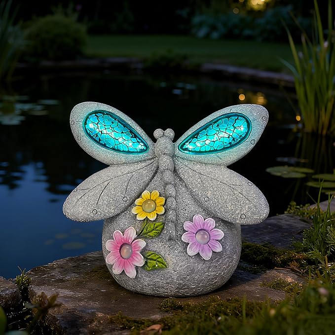 Solar Dragonfly Garden Decor with Cracked Glass Wings, Outdoor Resin Dragonfly Statue with Solar Light for Patio, Balcony, Yard, Lawn, Ornament Gift for Housewarming, Christmas, Thanksgiving Day