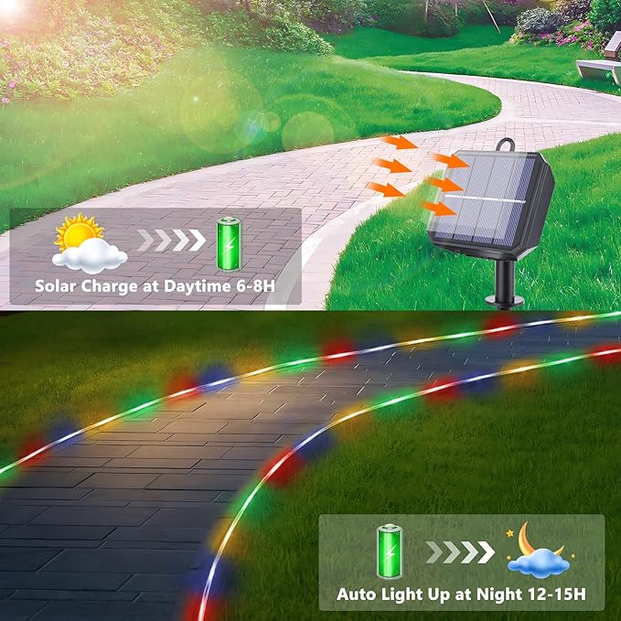 Solar Rope Lights, 2 Packs Total 66ft 200LED Solar String Lights, 8 Modes Waterproof Solar Powered Outdoor Light, Flexible Clear Tube Light for Garden Backyard Patio Deck Pool Tree Decor - Multicolor