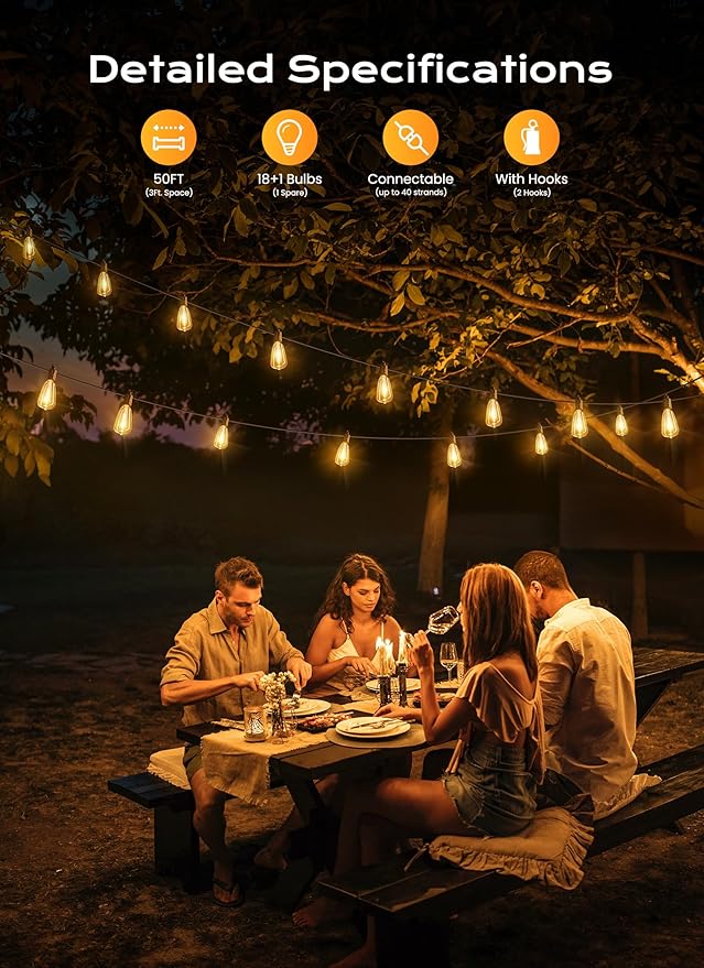 Brightown Outdoor String Lights, 50ft 19 ST38 Shatterproof LED Patio Lights, Dimmable IP65 Waterproof