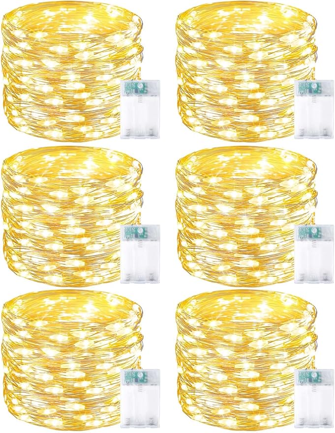 6 Pack Fairy Lights Battery Operated with Timer, Each 20FT 60LED Christmas String Lights Outdoor Indoor, Cuttable Battery Twinkle Light for Bedroom Home Wedding DIY Christmas Decorations (Warm White)