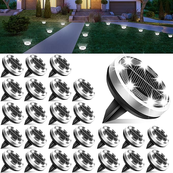26-Pack Solar Ground Disk Lights, Cool White Waterproof LED