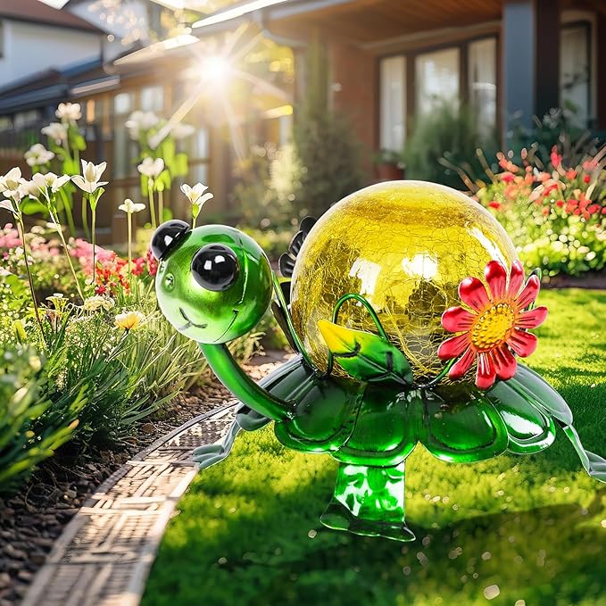 MUMTOP Solar Lanterns Outdoor Waterproof - Colorful Metal Turtle Solar Lights Decorative, Glass Tortoise Light Tabletop Lantern Lamp Ornaments for Yard Patio Garden Outside Decorations