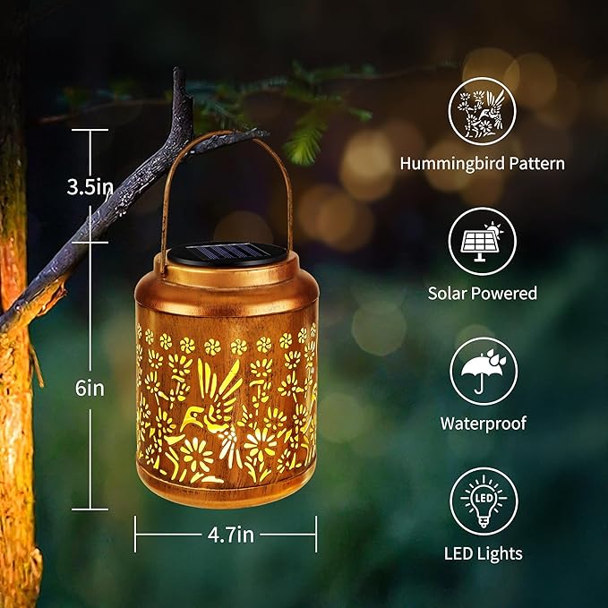 Solar Hummingbird Lanterns 2-Pack, Patio Hanging LED Decor