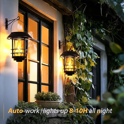 Otdair Solar Lanterns Outdoor Waterproof, 4 Pack Flickering Flames Wall Garden Decor with Glass Shade, Hanging Solar Lights Wall Mount Decorations for Halloween, Front Porch, Patio, Yard