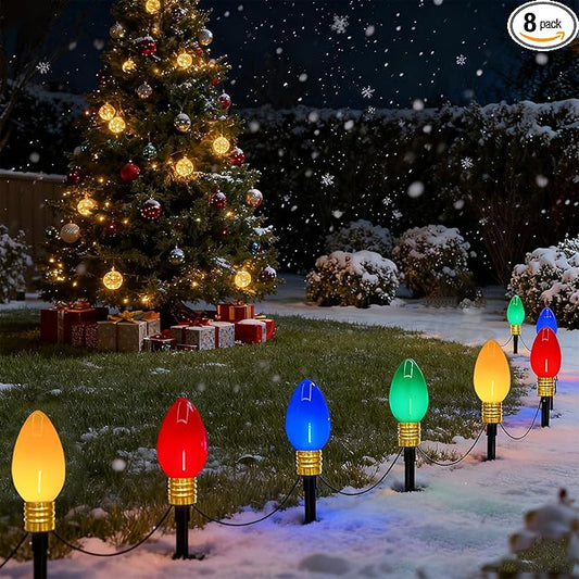 Jumbo C9 LED Christmas Pathway Lights Outdoor, 2 Pack 7 Ft Jumbo Christmas Lights with Pathway Marker Stakes, 8 Giant Multicolor Bulbs Outdoor Holiday Decorations for Lawn Yard Garden