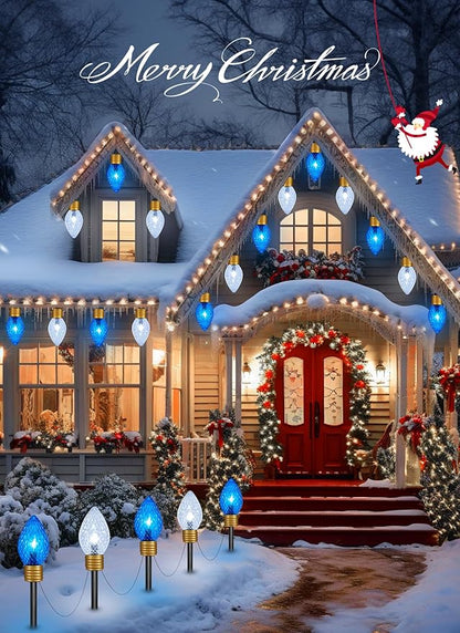 Moonflor Strawberry Jumbo C9 Christmas Pathway Lights Outdoor - 2Pack Total 17FT 10 LED C9 Walkway Light, Christma Decoration Outside,Christmas Lights Outdoor for Lawn Yard Holiday, Blue & Pure White